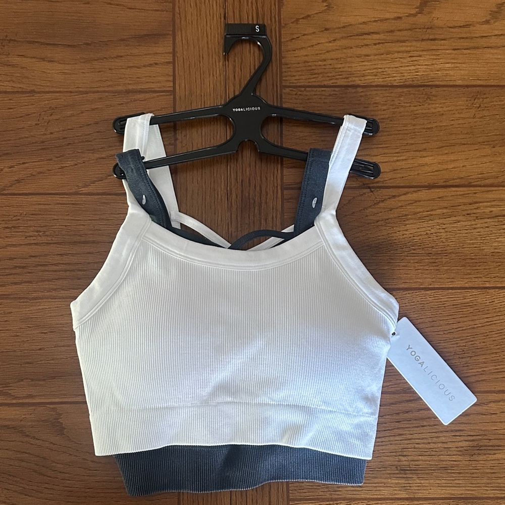 NWT Yogalicious White and Dark Navy Ribbed Claire Sports Bra Tank 2-Pack Small
